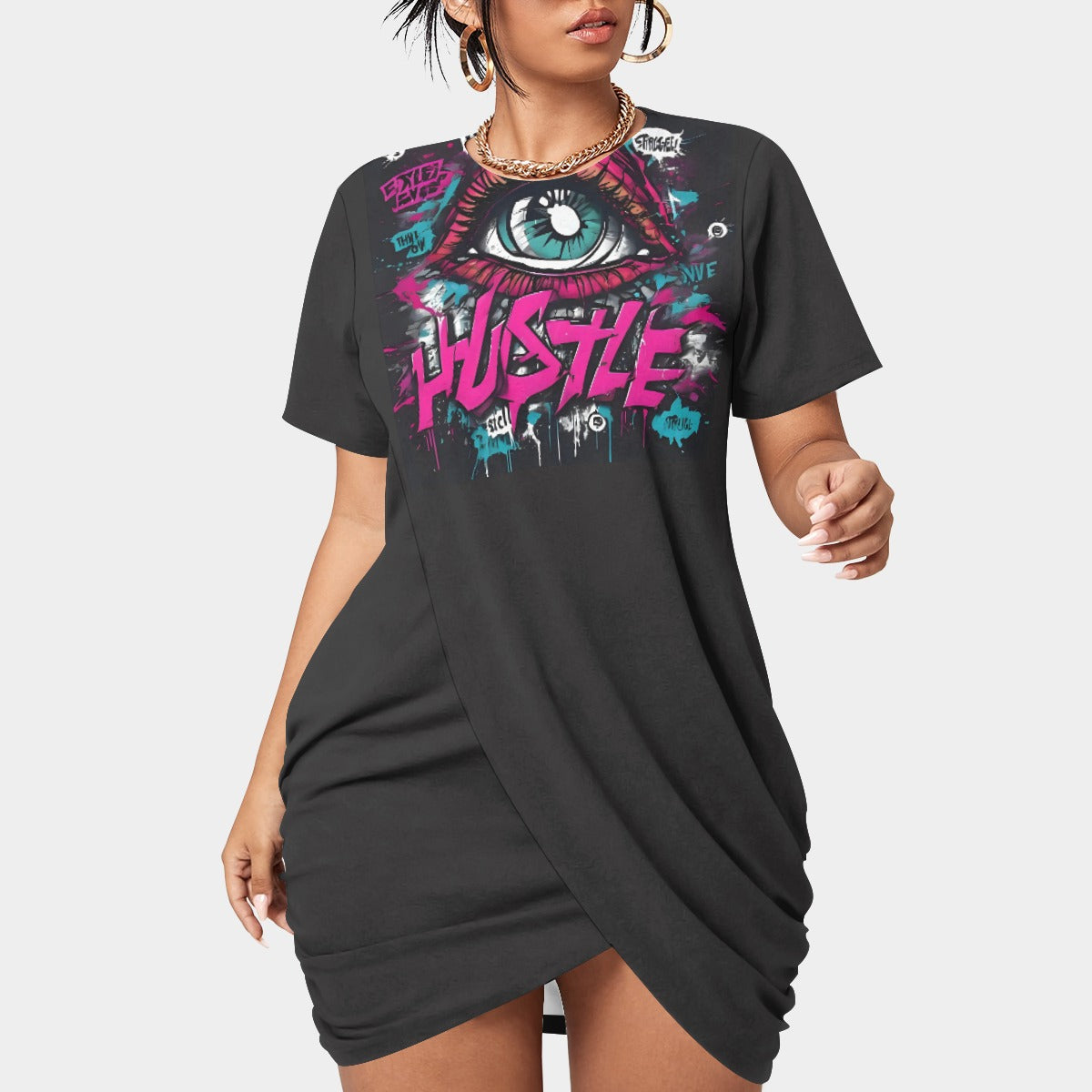 All-Over Print Women’s Stacked Hem Dress With Short Sleeve(Plus Size)