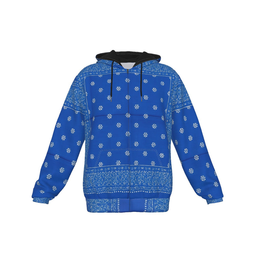 Growth In Pain Apparel Blue Bandana Print Zip Up Hoodie with Front Pocket - Streetwear