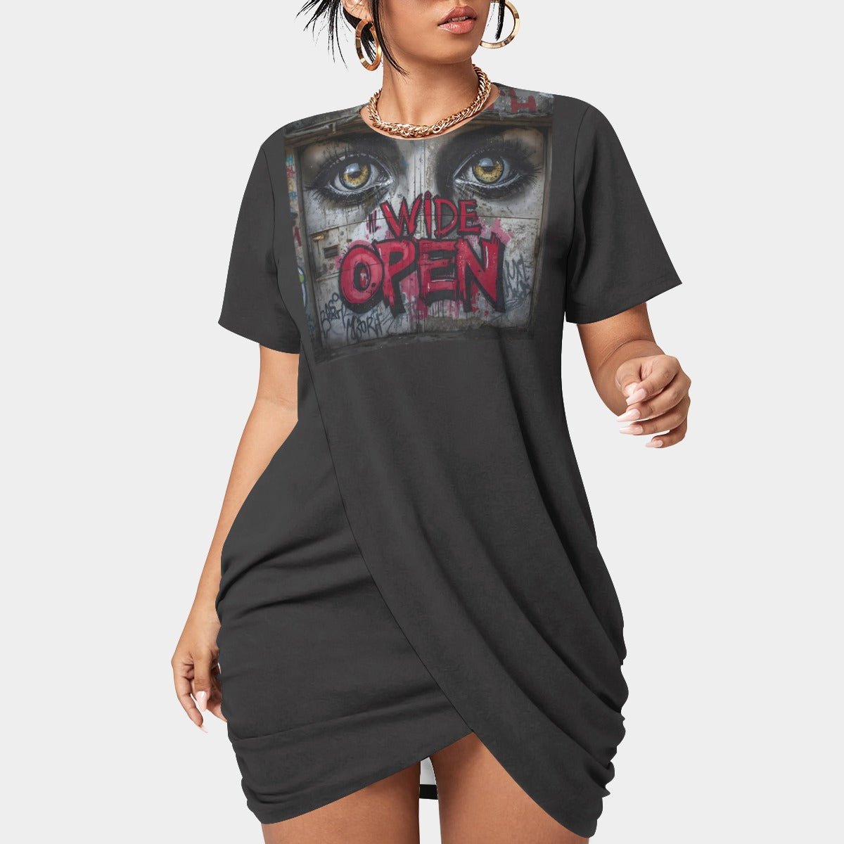 Growth In Pain Women's Stacked Hem Dress with Short Sleeve - Plus Size Fashion "Eyes Wide Open"
